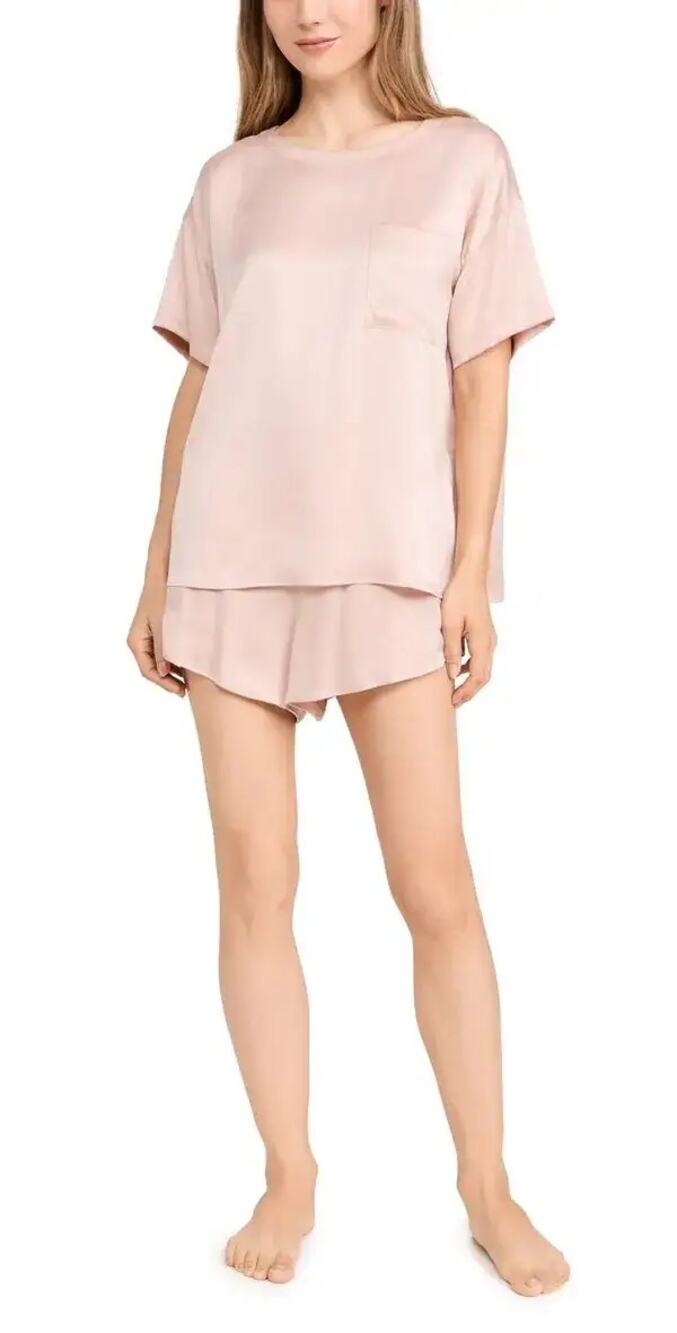 Lunya Washable Silk Tee Short Set Pull-On Delicate Pink Size Medium NWT